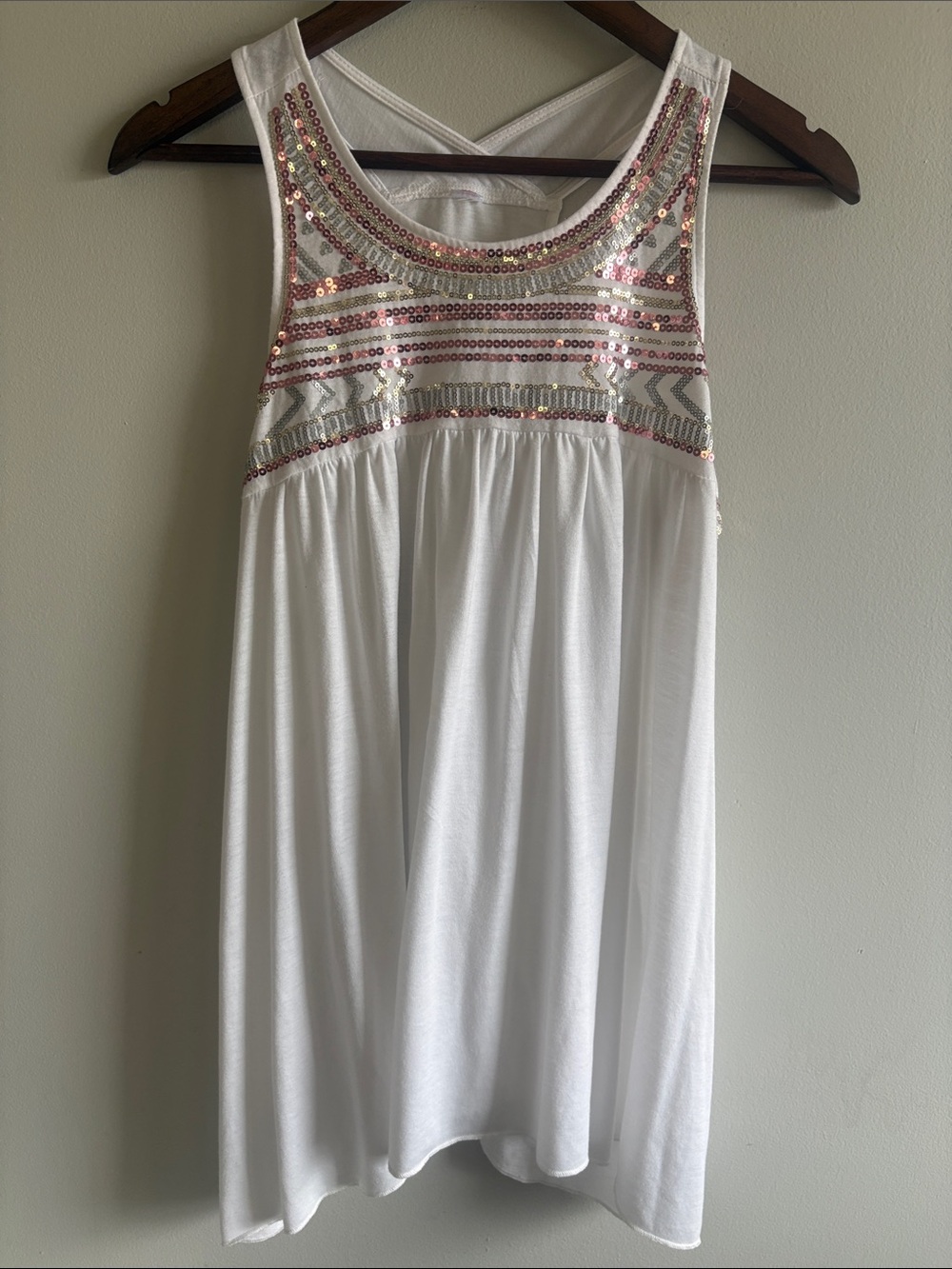 Sequin Embellished Tank Top White Sleeveless Babydoll Tunic Boho Festival Size L